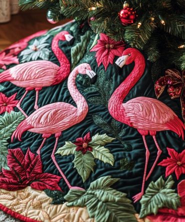 Holiday Flock Quilted Christmas Tree Skirt - Festive Bird & Leaf Print Quilted Skirt, Holiday Centerpiece For Tree & Gifts
