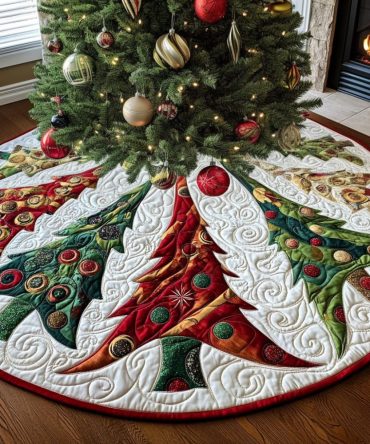 Holiday Forest Charm Quilted Christmas Tree Skirt — Charming Forest Motif Holiday Skirt , Quilted Texture For Warm Seasonal Ambience