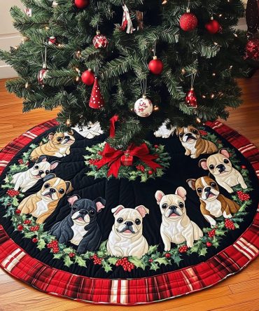 Holiday Frenchies Quilted Tree Skirt — Playful French Bulldog Holiday Base, Cozy Quilted Christmas Décor For Dog Lovers