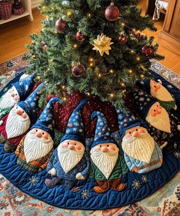 Whimsical Holiday Gnome Quilted Christmas Tree Skirt , Premium 60" Round Tree Collar - Soft Cotton Blend, Machine Washable