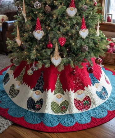 Holiday Gnome Parade Quilted Tree Skirt — Cheerful Christmas Tree Skirt With Festive Gnome Motif And Durable Stitching