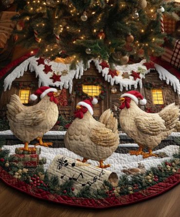 Holiday Hen Trio Quilted Christmas Tree Skirt — Festive Farmhouse Tree Base Cover With Three Hen Appliqués, Warm Quilting & Easy Care