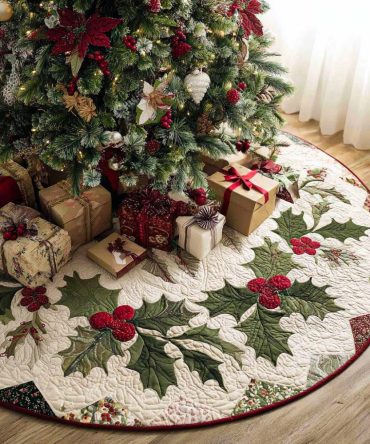 Holiday Holly Quilted Tree Skirt - Festive Christmas Tree Skirt For Traditional & Cottage-Style Home Decorating And Gift Ideas