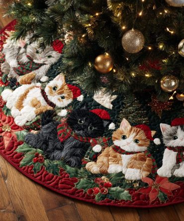 Holiday Kittens Quilted Christmas Tree Skirt — Adorable Kitten Patchwork Tree Base Cover, Soft & Festive Holiday Accent For Pet Lovers