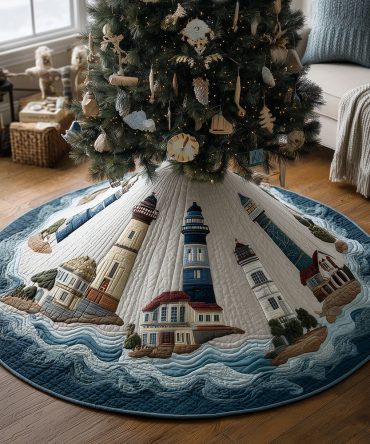 Holiday Lighthouse Haven Quilted Tree Skirt — Cozy Nautical Christmas Base With Cheerful Lighthouse Scenes And Stitched Detail