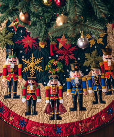 Nutcracker Parade Quilted Christmas Tree Skirt — Festive Soldiers & Musician Appliqué, Durable Stitching, Plush Backing, Ready-To-Use