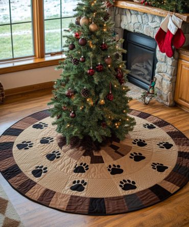 Holiday Paw Trail Quilted Christmas Tree Skirt — Whimsical Paw Trail Design For Festive, Pet-Friendly Holiday Living Rooms