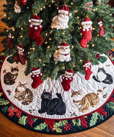 Holiday Paws Quilted Christmas Tree Skirt — Cute Cat & Paw Pattern, Soft Quilting, Functional Festive Base For Pet-Friendly Homes
