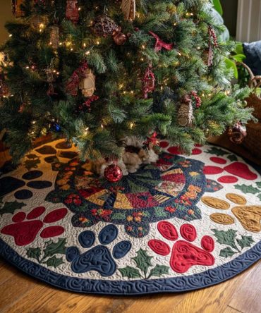 Holiday Paws Quilted Christmas Tree Skirt — Classic Festive Paw-Print Tree Skirt, Quilted Base For Pet-Friendly Holiday Styling