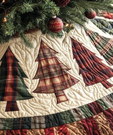 Holiday Pines Quilted Christmas Tree Skirt — Evergreen Pine Motif Quilted Skirt, Rustic Seasonal Base For Classic Holiday Décor