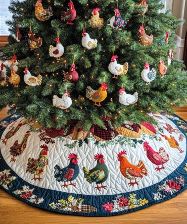 Festive Rooster Holiday Quilted Tree Skirt, Vibrant Folk Art Design, Durable Cotton Blend, Easy Closure, Perfect Rustic Christmas Decor, Fits Most Trees, Perfect For Living Room Or Cottage