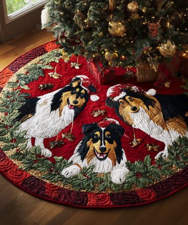Holiday Sheltie Quilted Tree Skirt — Shetland Sheepdog-Themed Christmas Base Cover, Soft Quilting, Reversible & Easy Maintenance