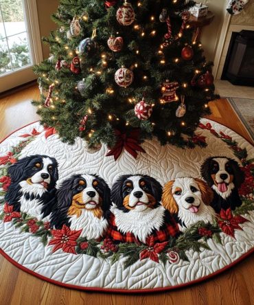Holiday Trails Quilted Tree Skirt — Vintage Trail & Reindeer Pattern Plush Base Cover For Classic Christmas Decorations And Gifts