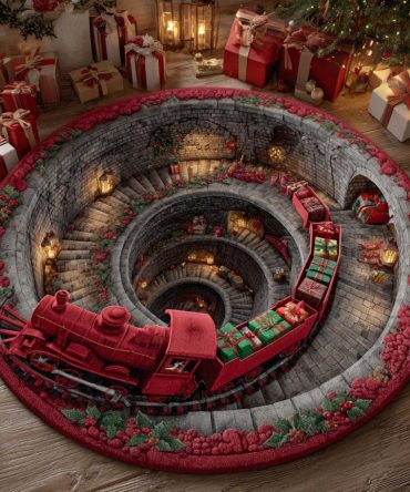 Holiday Train Descent Round Rug - Vintage Train Christmas Mat For Entryway, Living Room & Seasonal Home Decor, Non-Skid