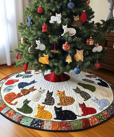 Holiday Whiskers Quilted Tree Skirt — Charming Cat Faces & Festive Motifs, Plush Quilting, 48-Inch Round, Machine-Washable