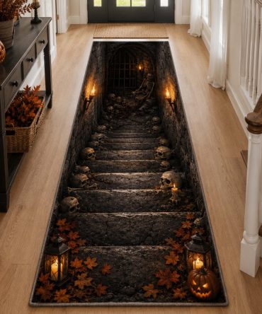 Hollow Grasp Ethereal Runner Rug — Misty Gothic Hallway Accent, Durable Non-Slip Low-Profile Design, Machine-Washable Statement Mat