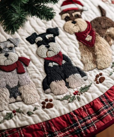 Holly Beard Pup Quilted Tree Skirt — Charming Holiday Pup Motif With Holly Accents, Soft Quilted Cotton-Blend, Machine-Washable & Gift-Ready