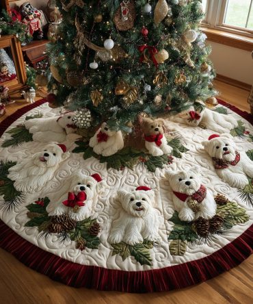 Holly Berry Westie Quilted Tree Skirt — Festive Holly West Highland Terrier Christmas Base Cover, Charming Quilted Holiday Decor