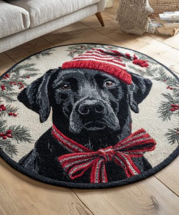 Festive Holly Black Labrador Round Rug — Holiday Dog Accent Mat With Holly Motif, Soft Plush Low-Pile, Non-Slip, Durable Seasonal Decor