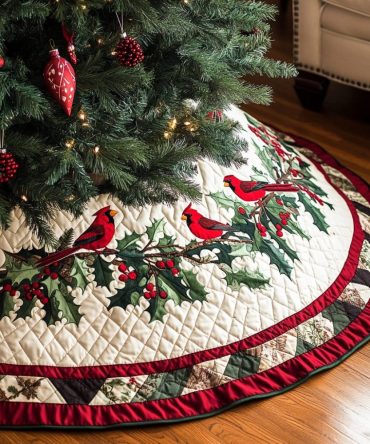 Holly Cardinal Quilted Christmas Tree Skirt - Classic Cardinal & Holly Holiday Tree Skirt, Quilted Red & Green Seasonal Décor