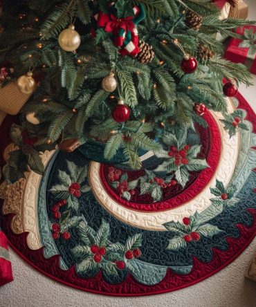 Charming Holly Quilted Tree Skirt - Classic Holiday Mantel Alternative For Festive Rustic & Traditional Decor