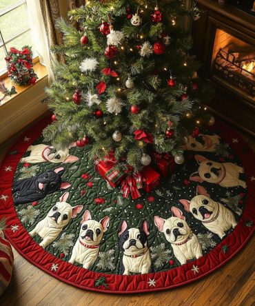 Holly Frenchie Quilted Christmas Tree Skirt - Bright Holiday Holly Accent, Soft Quilting & Pet-Safe Design For Festive Rooms