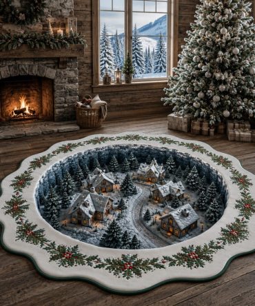 Holly Hearth Village - Custom Shaped Christmas Village Rug With Holly Design, Non-Slip Backing, Cozy Entryway & Living Room Accent