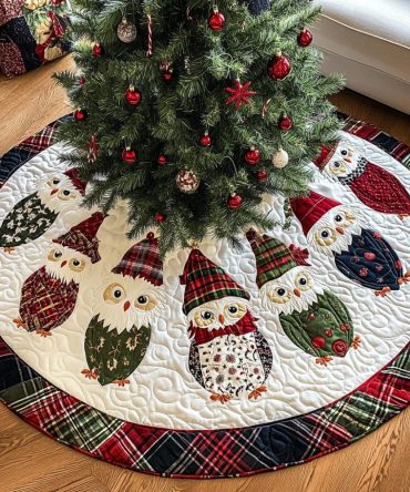 Holly Hoots Quilted Christmas Tree Skirt — Playful Owl & Holly Design, Festive Red-Green Accents, Premium Quilting, Machine Washable