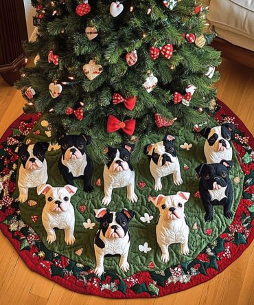 Holly Jolly Boston Terrier Quilted Tree Skirt — Classic Holly Accents & Cute Pup Illustrations For Merry Christmas Decorations