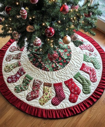 Holly Jolly Quilted Christmas Tree Skirt — Traditional Festive Holiday Base, Soft Quilting And Classic Seasonal Motifs For Elegant Trees