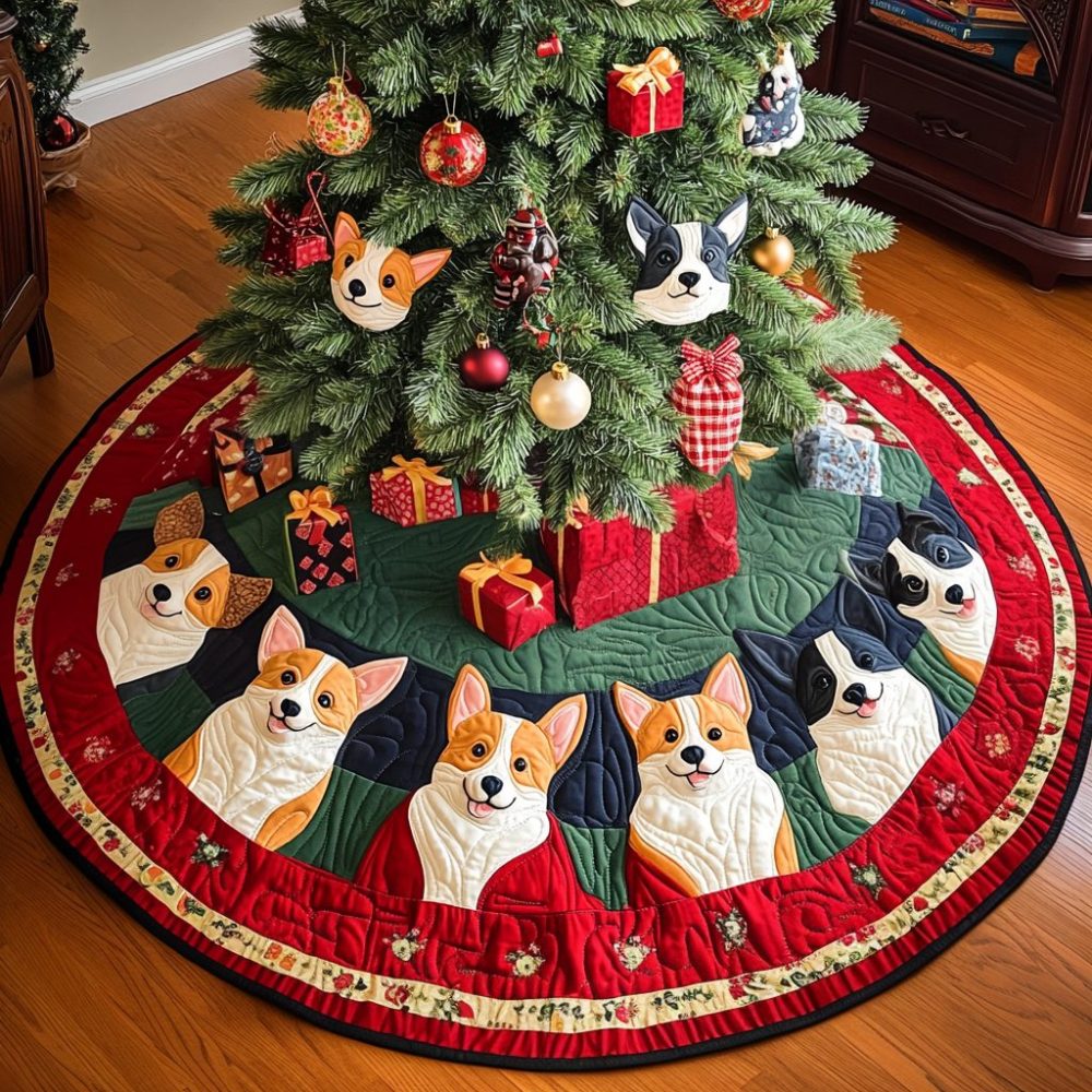 Holly Jolly Corgis Quilted Christmas Tree Skirt — Cute Corgi Holiday Pattern With Holly Accents, Plush Fabric & Easy Tie Closure
