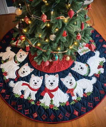 Holly Jolly Westie Quilted Tree Skirt — Festive West Highland Terrier Holiday Accent, Soft Quilted Christmas Tree Skirt For Gifts