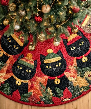 Holly Night Quilted Cat Christmas Tree Skirt - Festive Kitty Design With Holiday Green & Red Accents, Conceals Stand & Enhances Mantel Decor