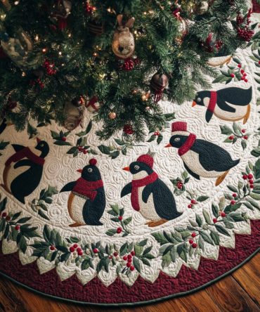 Festive Holly & Penguin Quilted Tree Skirt — Premium Holiday Tree Collar, Soft Cotton Blend, 48" Round, Reversible & Machine Washable