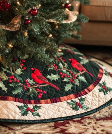 Holly Perch Quilted Tree Skirt — Festive Holly & Bird Motif, Luxury Quilted Base For Christmas Trees And Holiday Scenes