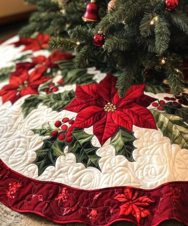 Holly & Poinsettia Quilted Christmas Tree Skirt — 48In Festive Flora Design With Holly Accents, Plush Feel & Easy Care