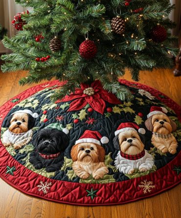 Holly & Shih Tzu Quilted Christmas Tree Skirt — Festive Holly Print With Adorable Dog Accent, Quilted Base, Durable Holiday Tree Mat For Gifts