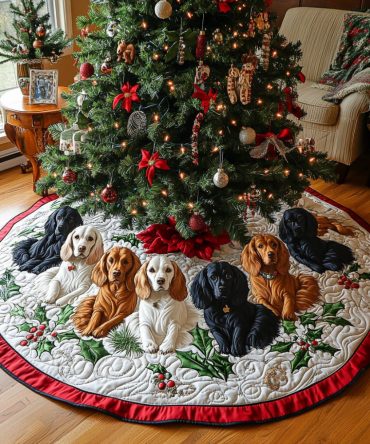 Holly Spaniel Quilted Christmas Tree Skirt — Festive Holly & Spaniel Motif, Plush Quilting To Conceal Stand And Add Holiday Cheer