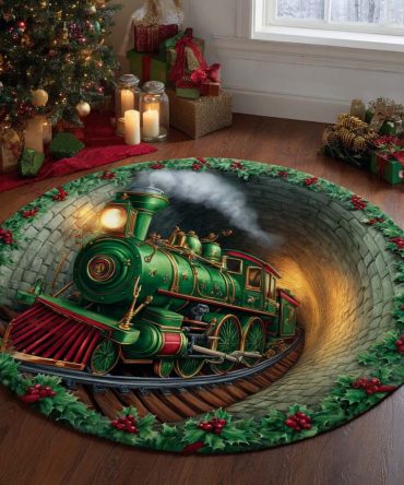 Holly Steamliner Round Rug — Vintage Train & Holly Wreath Round Area Rug For Classic Christmas Decor, Entryways & Family Rooms