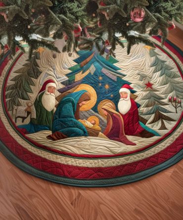 Holy Family Glow Quilted Tree Skirt — Luminous Nativity Scene, Quilted Christmas Skirt For Traditional Holiday Elegance