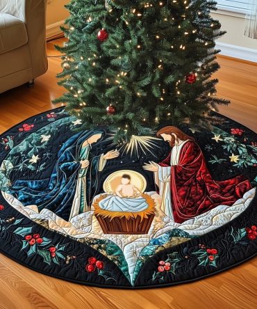 Holy Night Glory Quilted Christmas Tree Skirt — Classic Nativity-Inspired Holiday Tree Skirt, 48" Round, Quilted Cotton Blend, Machine-Friendly