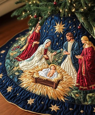 Holy Night Quilted Christmas Tree Skirt — Elegant Nativity-Themed Base Cover, Soft Quilting, Classic Holiday Accent For Faithful Celebrations