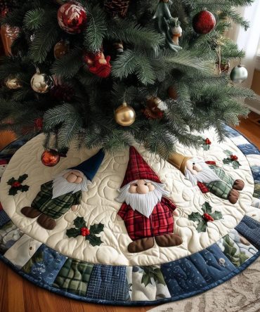 Homestead Gnomes Quilted Christmas Tree Skirt — Rustic Holiday Patchwork Skirt For Cozy Seasonal Home Decor