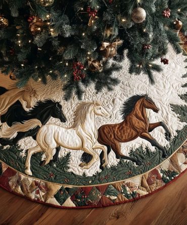 Horse Charm Quilted Tree Skirt — Rustic Equestrian Christmas Base Cover With Charming Horse Accents For Festive Home Display