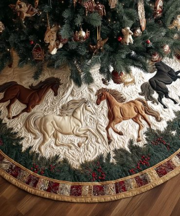 Horse Glory Quilted Christmas Tree Skirt — Regal Equestrian Base Cover With Decorative Stitching For Classic Holiday Style