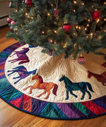 Horse Light Quilted Christmas Tree Skirt — Bright & Elegant Equestrian Holiday Decor, Soft Quilting, Easy Fit For Medium-Large Trees