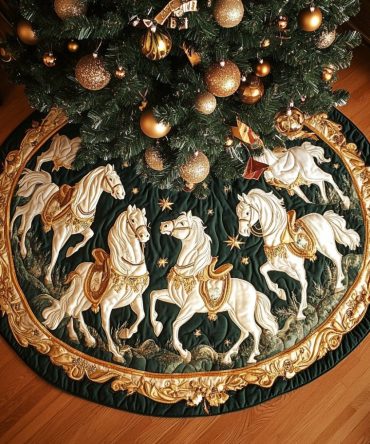 Horse Spirit Quilted Christmas Tree Skirt — Vibrant Equestrian Base Cover With Bold Motifs For Festive, Stylish Holiday Decor