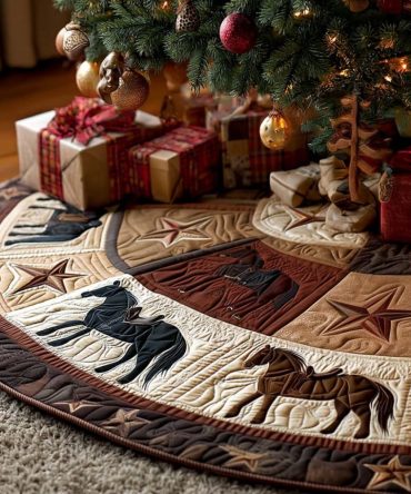 Horse Star Quilted Christmas Tree Skirt - Star & Horse Design, Festive Western Holiday Accent, Durable Cotton, 48In
