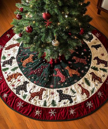 Hot Dog Happiness Quilted Tree Skirt – Playful Dachshund Christmas Decor, Long Dog Pattern Holiday Skirt & Gift For Pup Fans