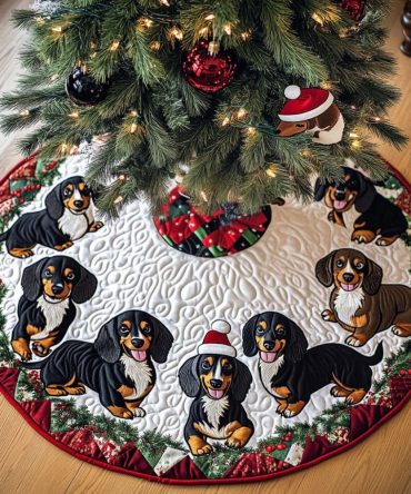 Hot Dog Harmony Quilted Christmas Tree Skirt - Whimsical Hot Dog/Dachshund Holiday Skirt, Quilted Comfort, Durable Construction, Gift-Ready